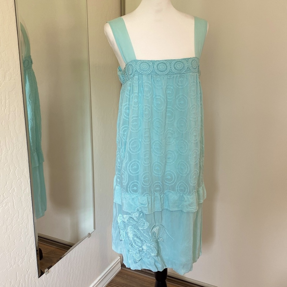 Johnny Was Pale Green Dress, beautiful embroidered fabric textures, light